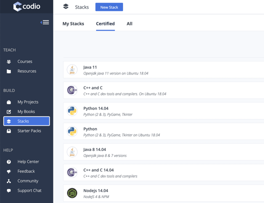 codio preconfigured software stacks