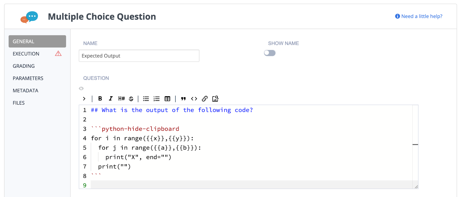 ## What is the output of the following code?  ```python-hide-clipboard for i in range(,): for j in range(,): print("X", end="") print("") ```