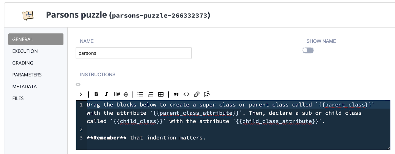 Drag the blocks below to create a super class or parent class called `` with the attribute ``. Then, declare a sub or child class called `` with the attribute ``.  *Remember* that indention matters.
