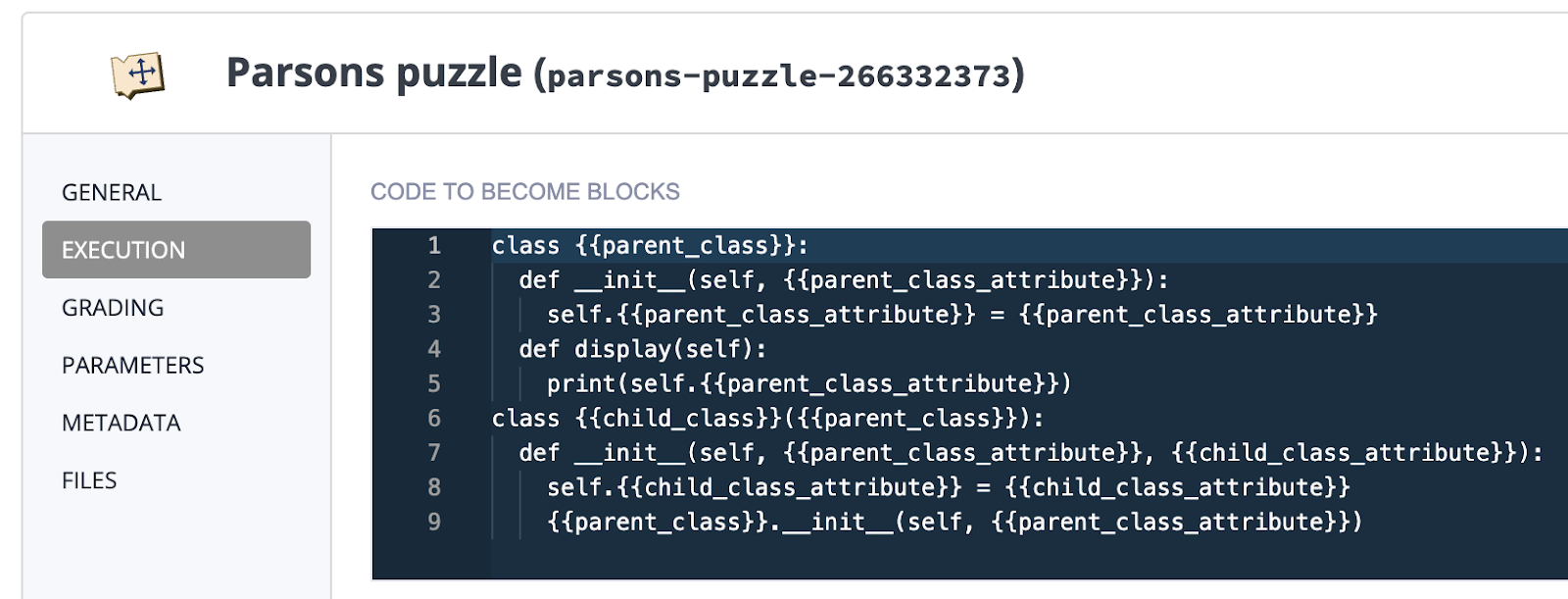 Drag the blocks below to create a super class or parent class called `` with the attribute ``. Then, declare a sub or child class called `` with the attribute ``.  *Remember* that indention matters.
