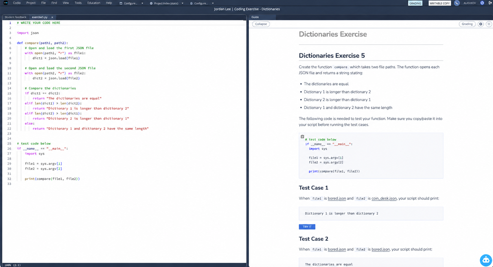 Codio Dictionaries Exercise Workspace