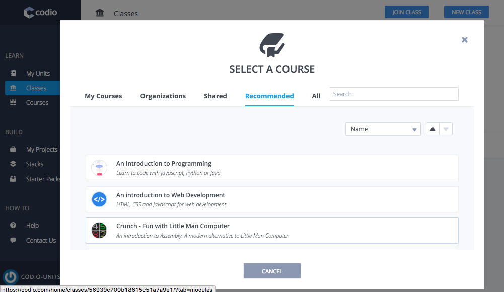 Codio add content to class, select a course