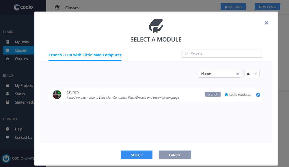 Codio add content to class, select modules
